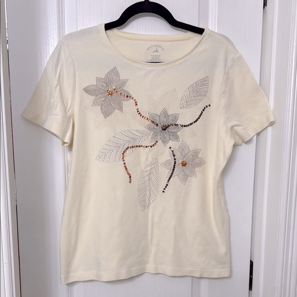 White stag tee floral sequin ivory cotton top size M (8/10)